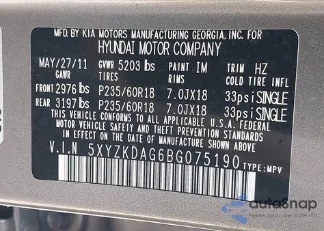 2011 Hyundai Santa Fe Limited V6 from USA, damaged, VIN 5XYZKDAG6BG075190
